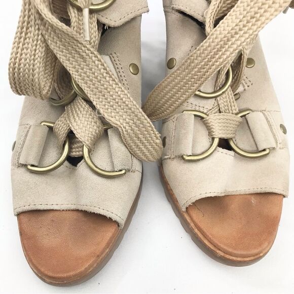 Sorel AFTER HOURS Lace Up Wedge Heel Casual Ankle Bootie Sandal in Oatmeal - Picture 10 of 16